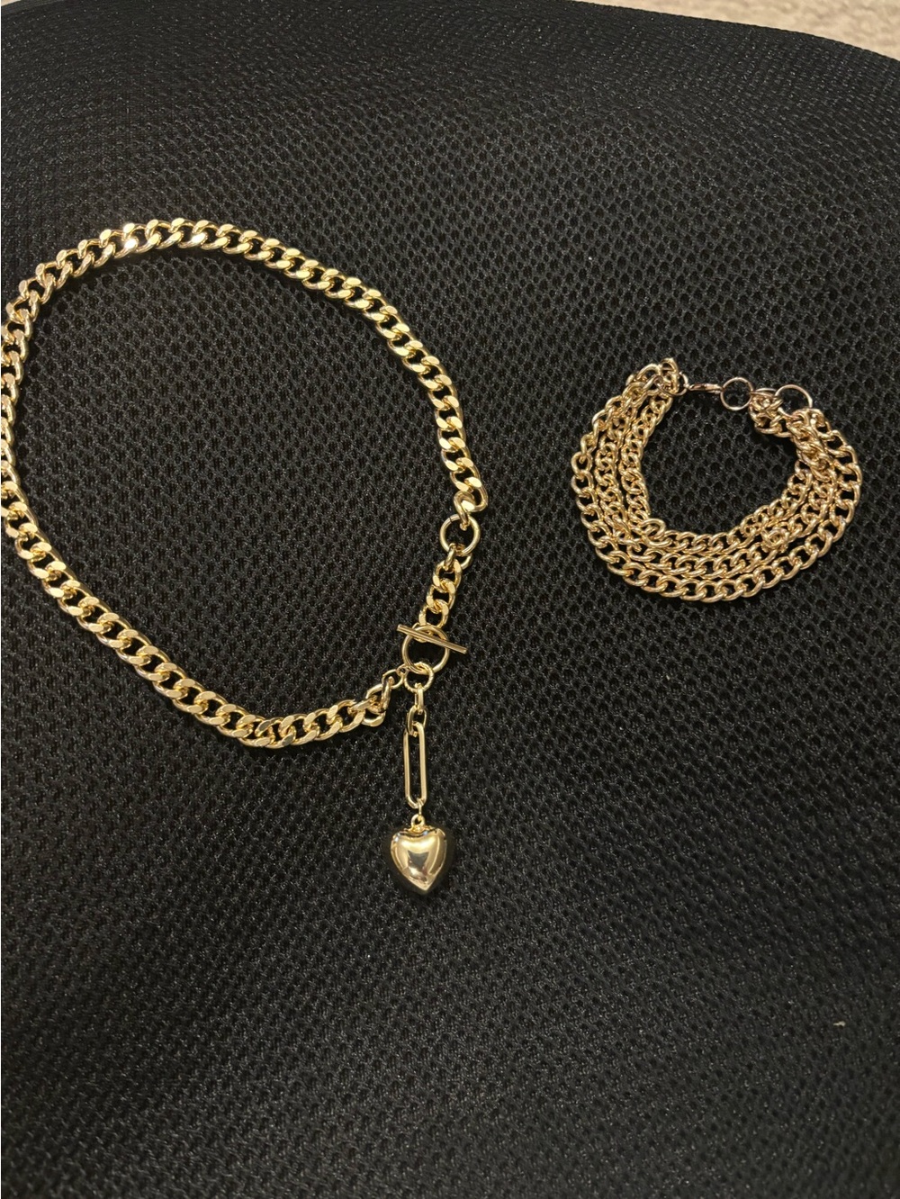 Bulk Boho Gold tone Heart Charm Chain Necklace and Bracelet Set - Women Jeweley